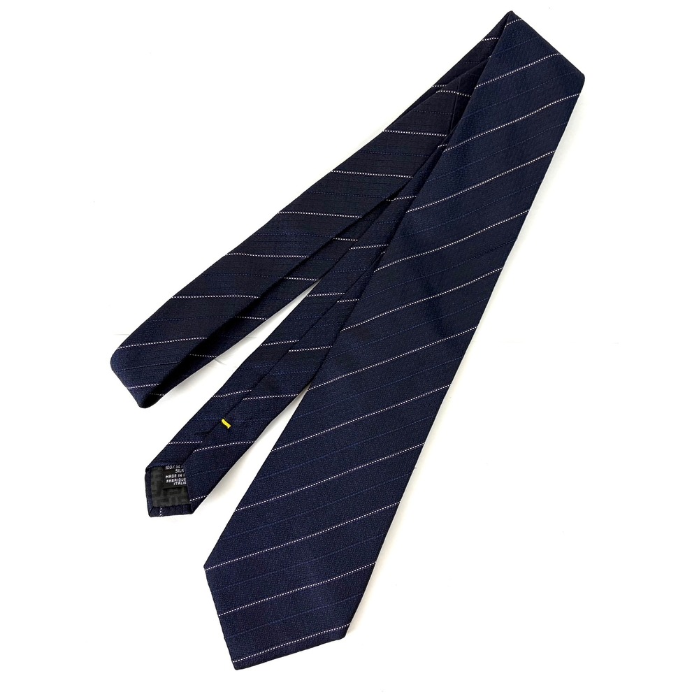 Fendi Silk Tie Navy Blue Striped Textured Luxury Designer Made in Italy Career